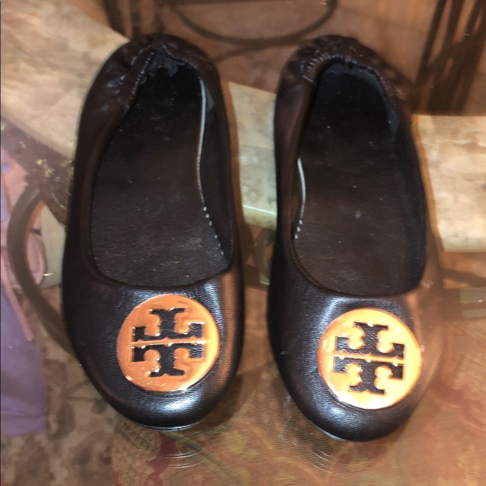 Tory Burch Black Flats with Gold Logo